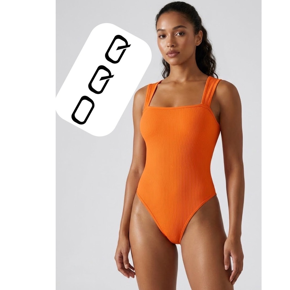 OQQ Women Orange Ribbed Square Neck Bodysuit Sleeveless Seamless Tank Top S